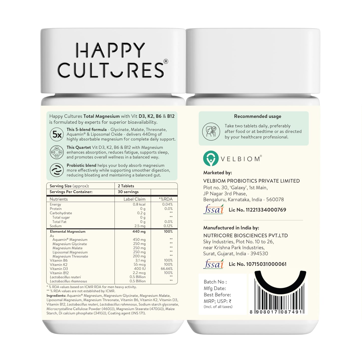 Happy Cultures 5X Total Magnesium Glycinate | 1400mg Blend of 5x Mg Complex | 440mg Elemental Magnesium | Vitamin D3, K2, B6, B12 | Promotes Deep Sleep, Muscle Recovery & Heart Health | 60 Tablets
