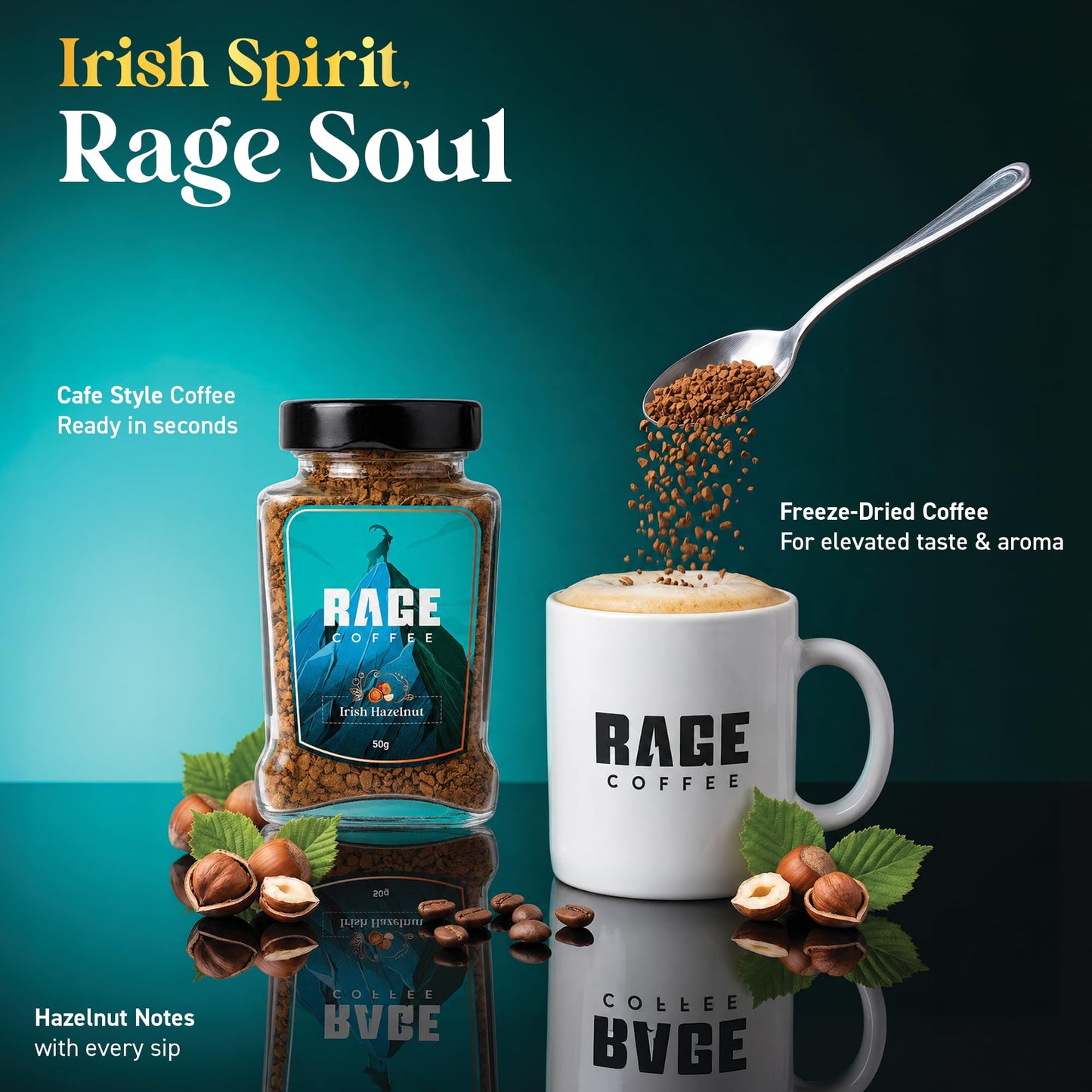 RAGE COFFEE Irish Hazelnut - Flavored Instant Coffee Powder for both Hot & Cold Coffee, 100% Single Origin Arabica Coffee Beans Powder (IRISH HAZELNUT, 50g)