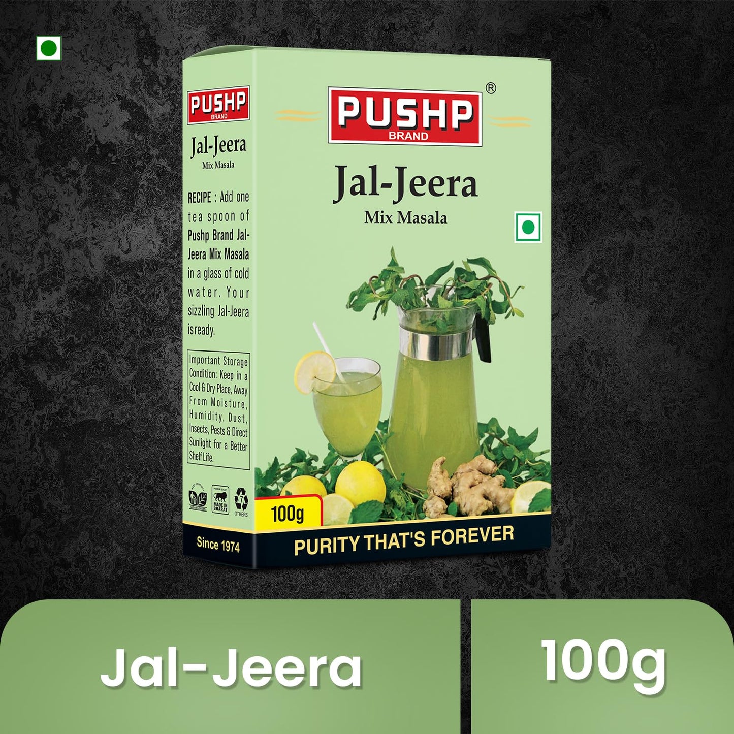 Pushp Brand Jal Jeera Powder (Masala) 100 g BOX | Pack of 1 | Instant Drink Mix Masala for Refreshing Summer Drink & Chat, Mint & Cumin Blend, No Artificial Colours | Hygienically Packed |