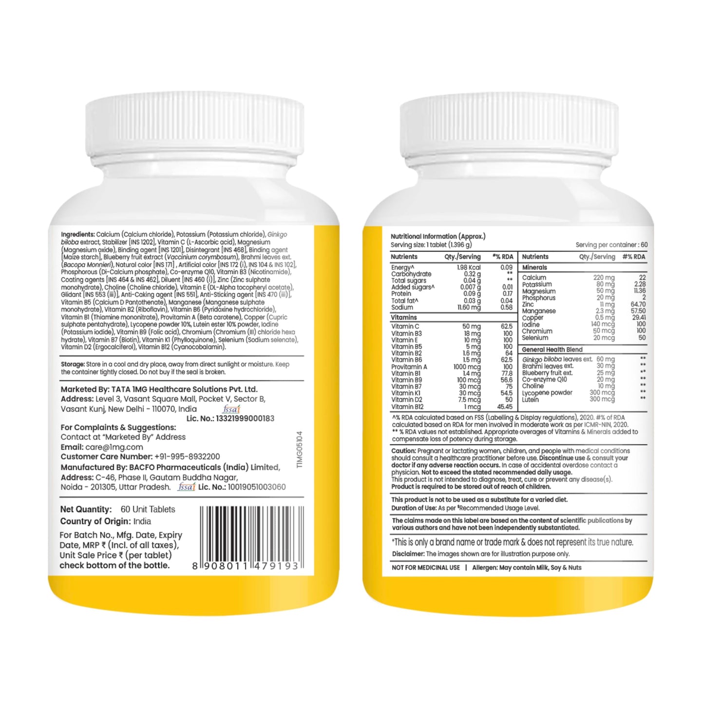 TATA 1mg Senior 50+ Multivitamin & Multimineral Veg Tablet with Calcium for Bone, Skin, Eye, Immunity, Heart & Joints, For Men & Women, Non-GMO & No Added Preservatives (Pack Of 60)
