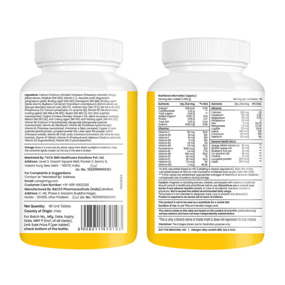 TATA 1mg Senior 50+ Multivitamin & Multimineral Veg Tablet with Calcium for Bone, Skin, Eye, Immunity, Heart & Joints, For Men & Women, Non-GMO & No Added Preservatives (Pack Of 60)