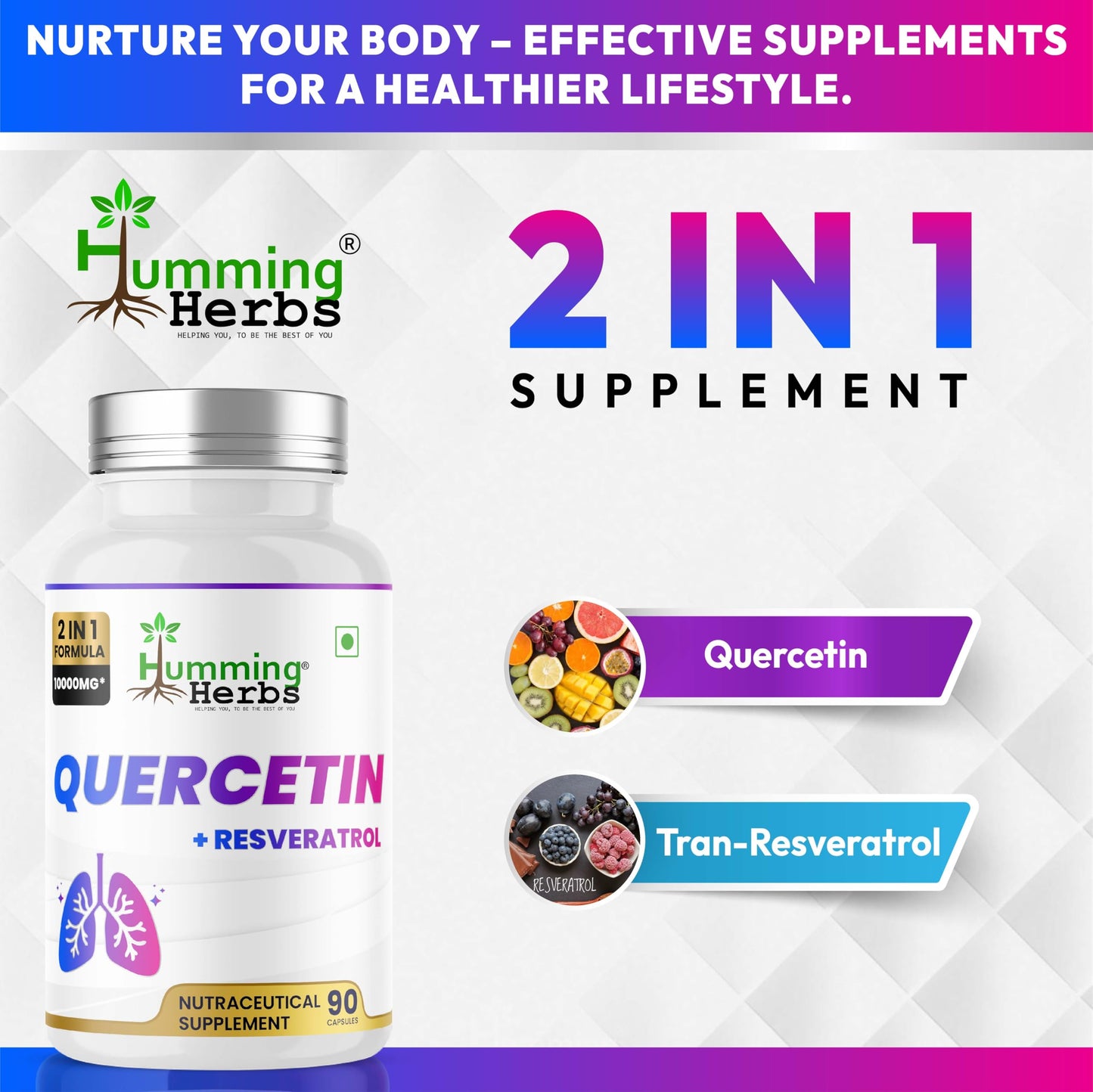 Humming Herbs Quercetin with Resveratrol Capsules | 2-in-1 Formula | 10,000 mg Potency | Supports Immune Health, Respiratory Function & Anti-Inflammatory Benefits | Vegan, 90 Capsules