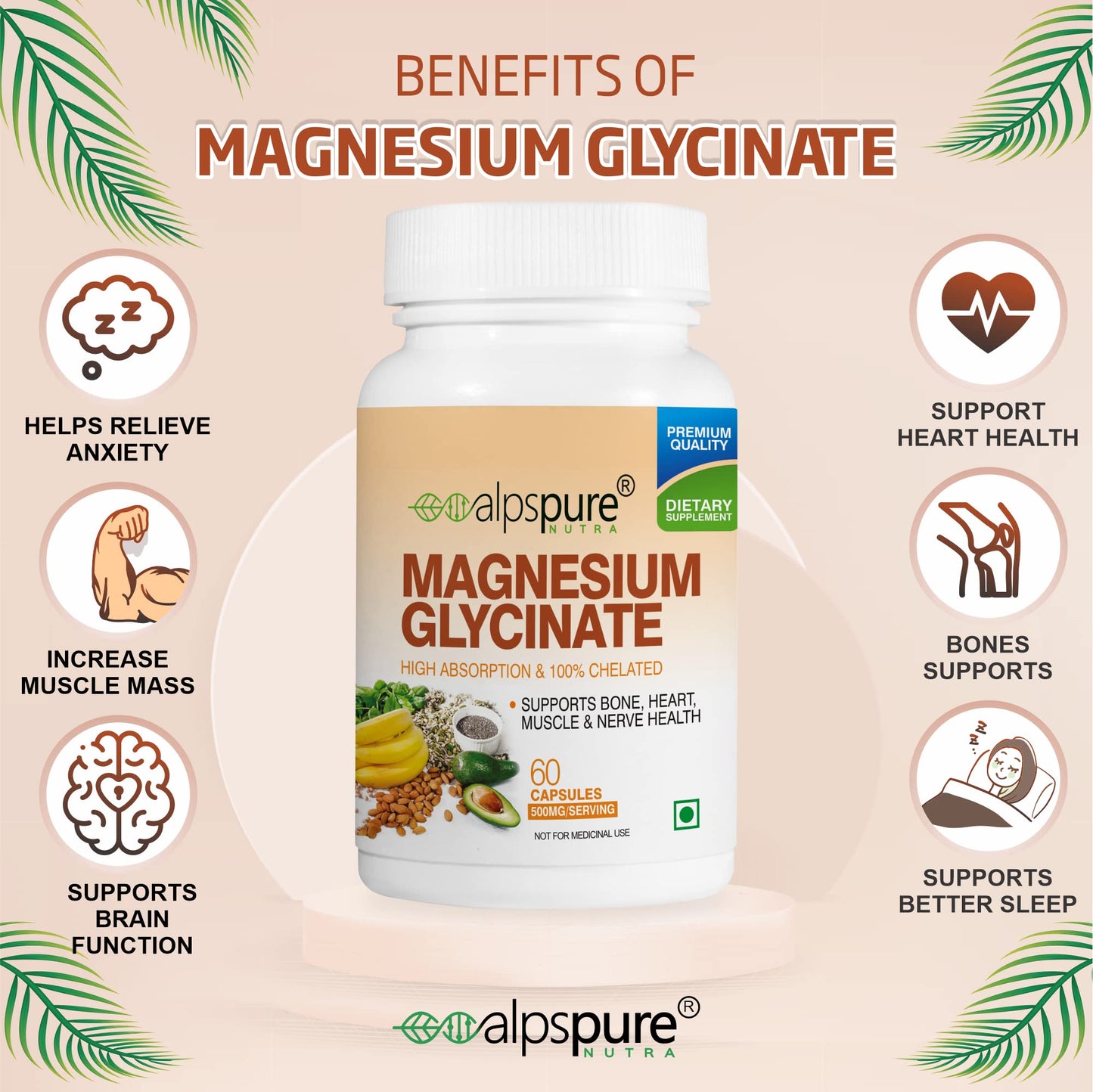 Alpspure Nutra Magnesium Glycinate | 60 Veg Capsules | High Absorption & Chelated Form | Better Sleep Quality | Improves Muscle & Nerve Function | Magnesium Supplement | Healthy Bones
