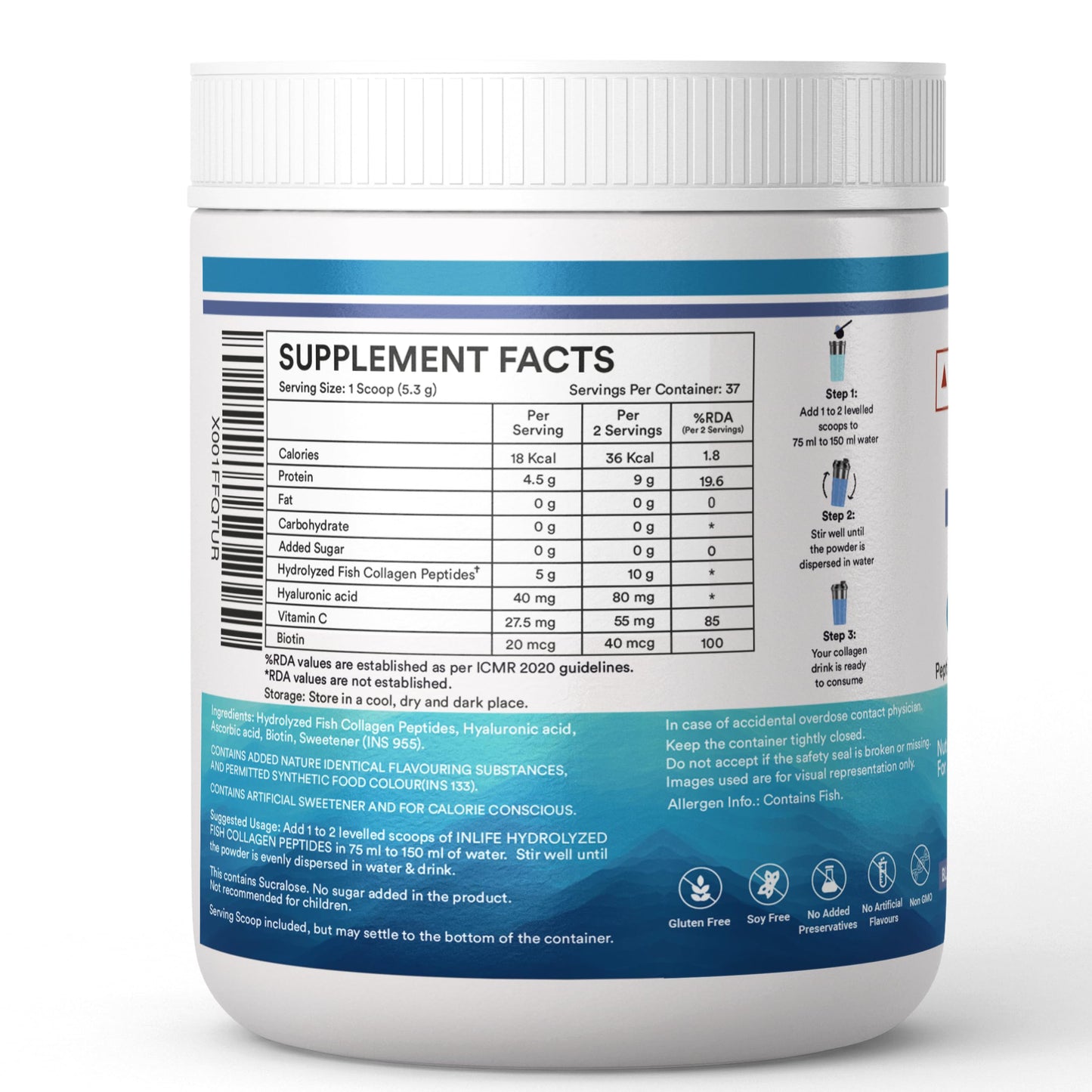 INLIFE Japanese Marine Collagen Supplements for Women & Men | Clinically Proven Ingredient with Biotin, Hyaluronic Acid, Vitamin C & Glucosamine (200g, Blueberry)