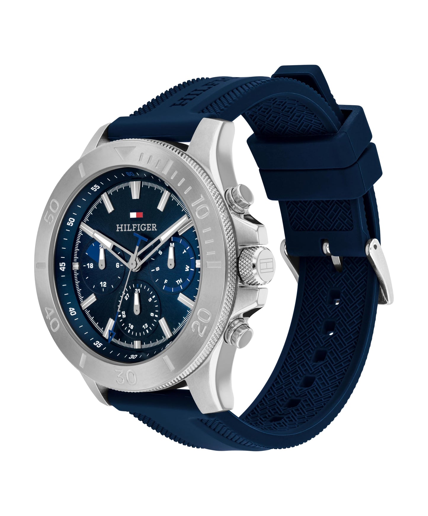 Tommy Hilfiger Men's Multifuction Stainless Steel & Navy Blue Silicone Strap Blue Dial Analog Watch
