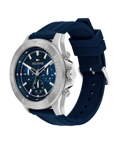 Tommy Hilfiger Men's Multifuction Stainless Steel & Navy Blue Silicone Strap Blue Dial Analog Watch