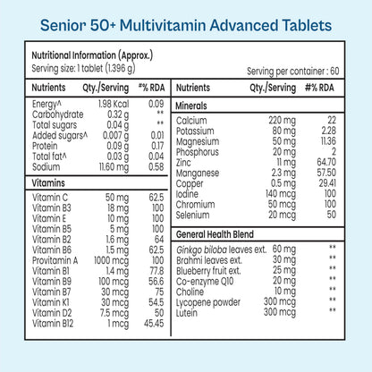 TATA 1mg Senior 50+ Multivitamin & Multimineral Veg Tablet with Calcium for Bone, Skin, Eye, Immunity, Heart & Joints, For Men & Women, Non-GMO & No Added Preservatives (Pack Of 60)