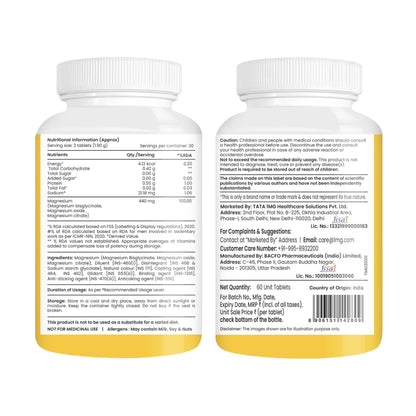 TATA 1mg Triple Magnesium Complex Tablets | Magnesium Glycinate, Citrate & Oxide Supplement | Supports Sleep, Muscle Recovery & Bone Health | Reduces Cramps & Stress – 60 Veg Tablets
