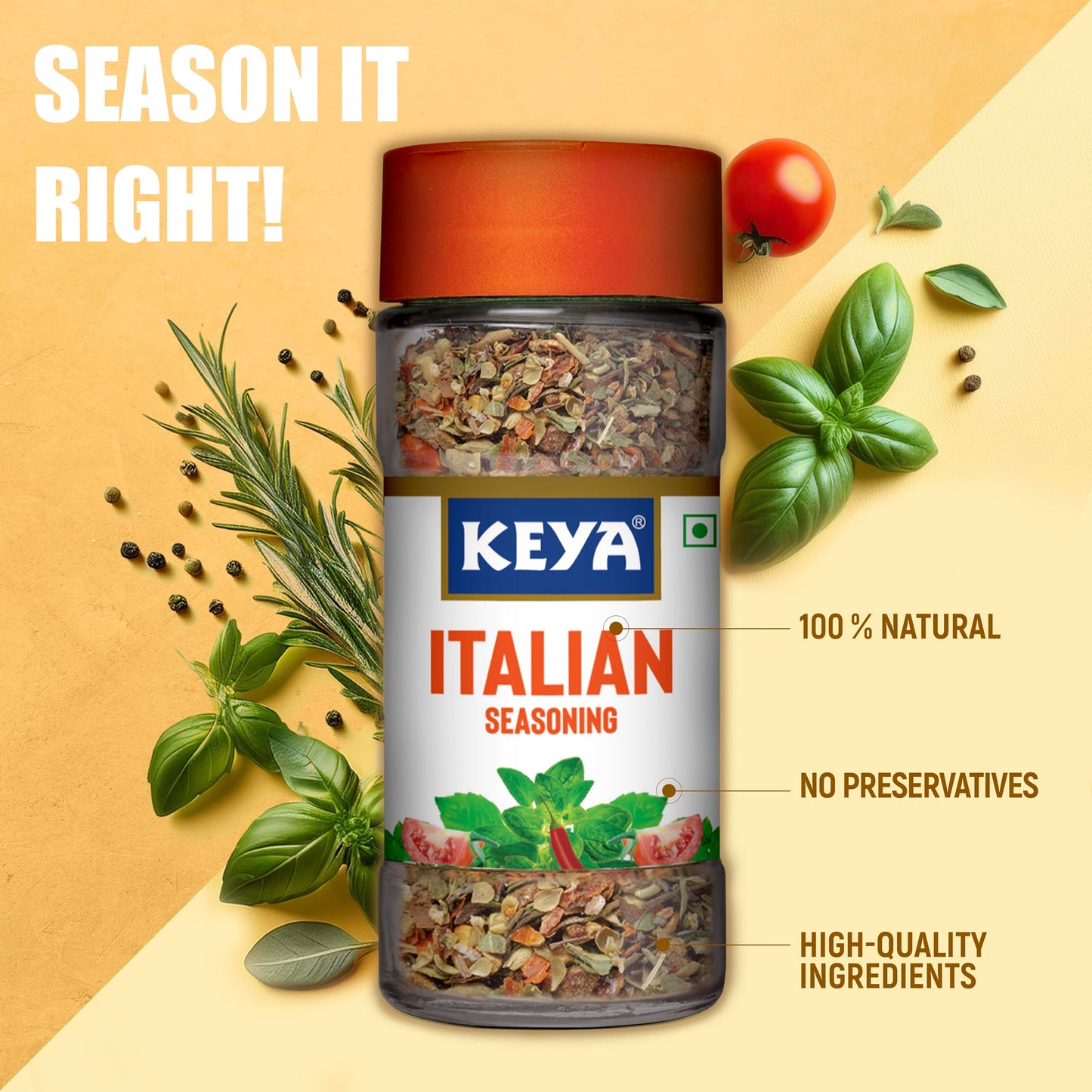 Keya Italian Seasoning, All Natural & Healthy Italian Spice Blend for Pizza, Pasta| Glass Bottle | Premium Herbs and Spices 35gm