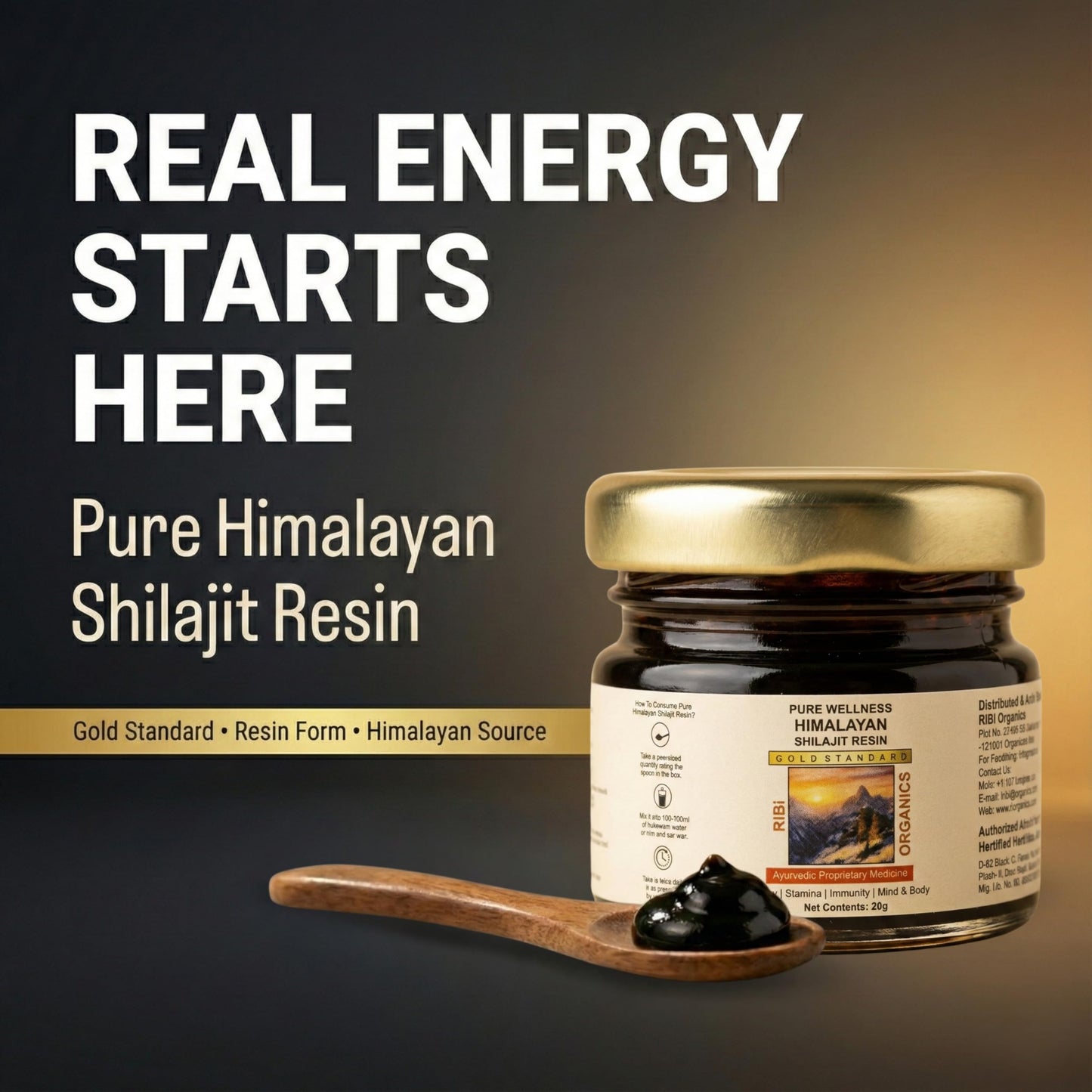 RIBI Organics 100% Pure Himalayan Shilajit Resin | Authentic Natural Mineral-Rich Shilajit for Strength, Energy & Stamina | Traditional Ayurvedic Wellness Supplement | Pack of 1