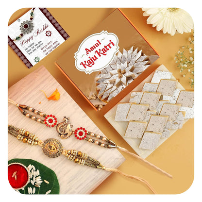 TIED RIBBONS Rakhi for Brother combo with Sweets - Set of 2 Premium Rakhi with Kaju Katli Gift Pack Mini Greeting Card and Roli Chawal - Rakhi Gift for Brother