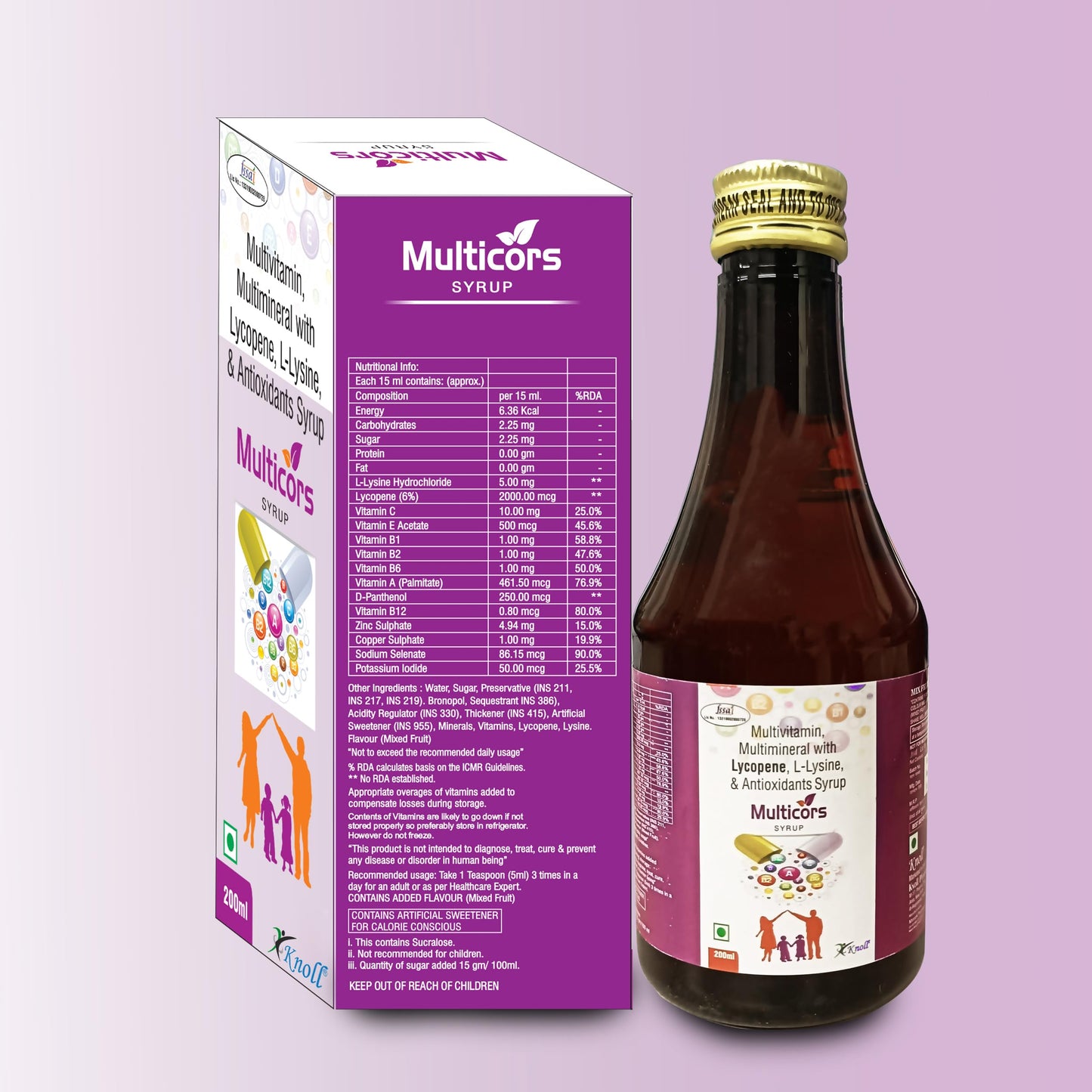 Knoll Healthcare MULTICORS Multivitamin & Multimineral with Lycopene, L-Lysine, & Antioxidants Syrup 200ML