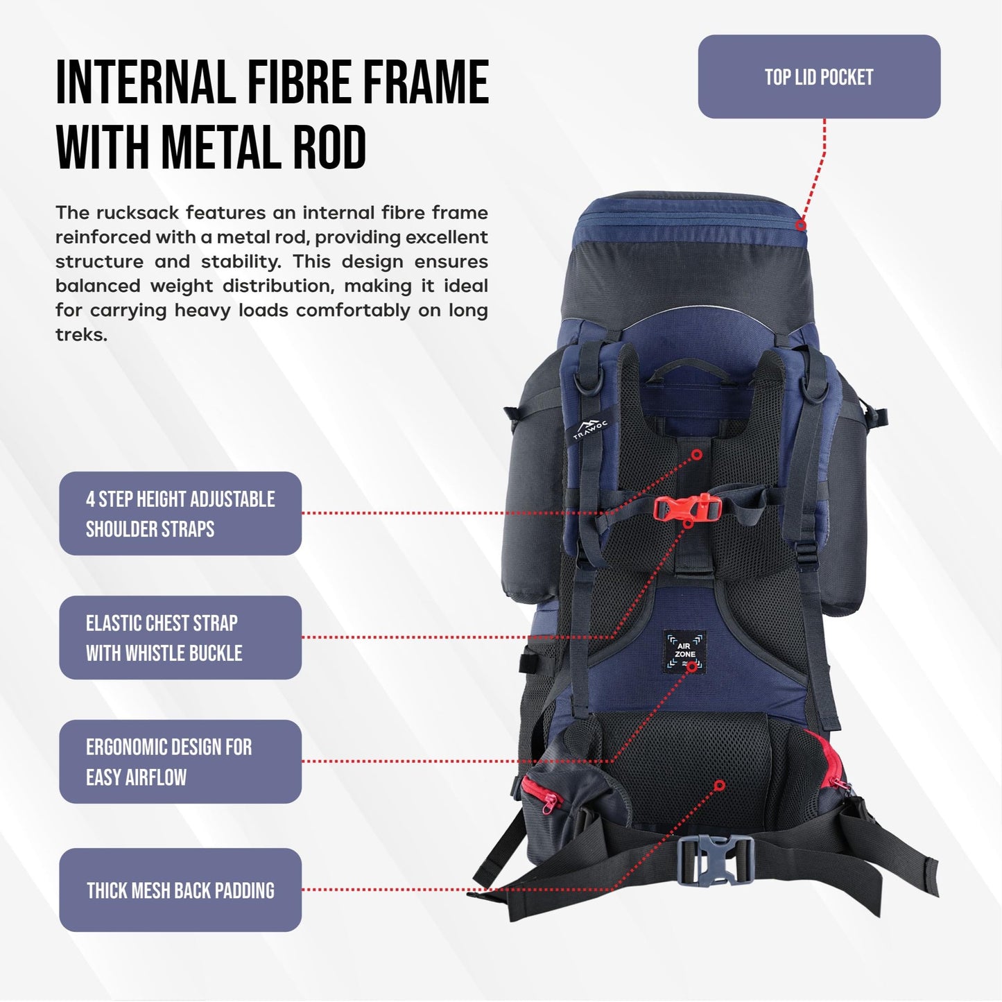 TRAWOC GLOBETROTTER 80 Liter (70+10) Internal Metal & Fiber Frame Rucksack Bag for Men & Women Trekking, Hiking Travel Backpack with Detachable Daypack, Rain Cover and Shoe Compartment, Navy Blue