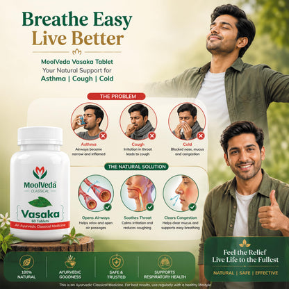 Moolveda Vasaka Tablets 60 Veg Tablets | Ayurvedic Herbal Supplement for Cold & Cough Support | Supports Respiratory Health & Healthy Breathing | With Vasaka (Adhatoda Vasica) Extract