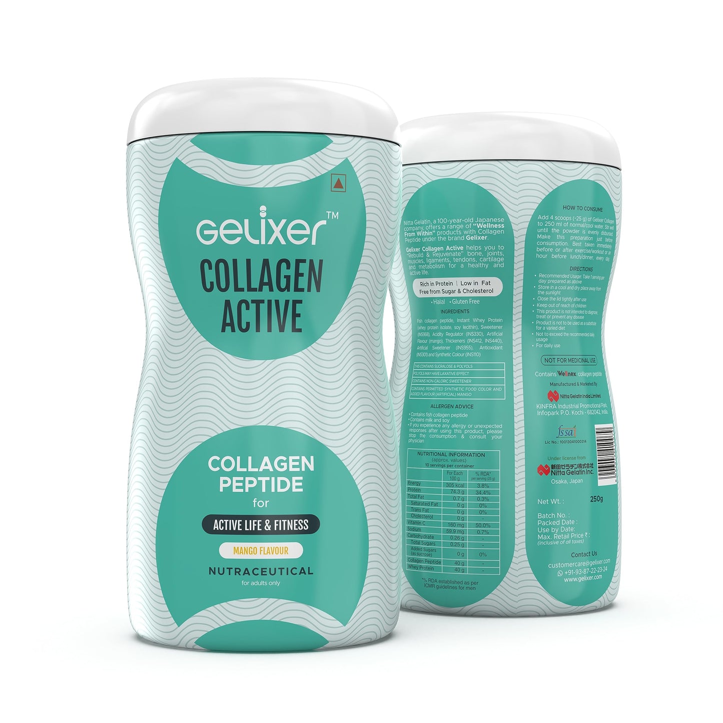 GELIXER Collagen Active (250 gm), Japanese Marine Collagen Peptide with Whey Protein (Mango Flavored) Rich In Protein for Active Lifestyle, Fitness & Glow