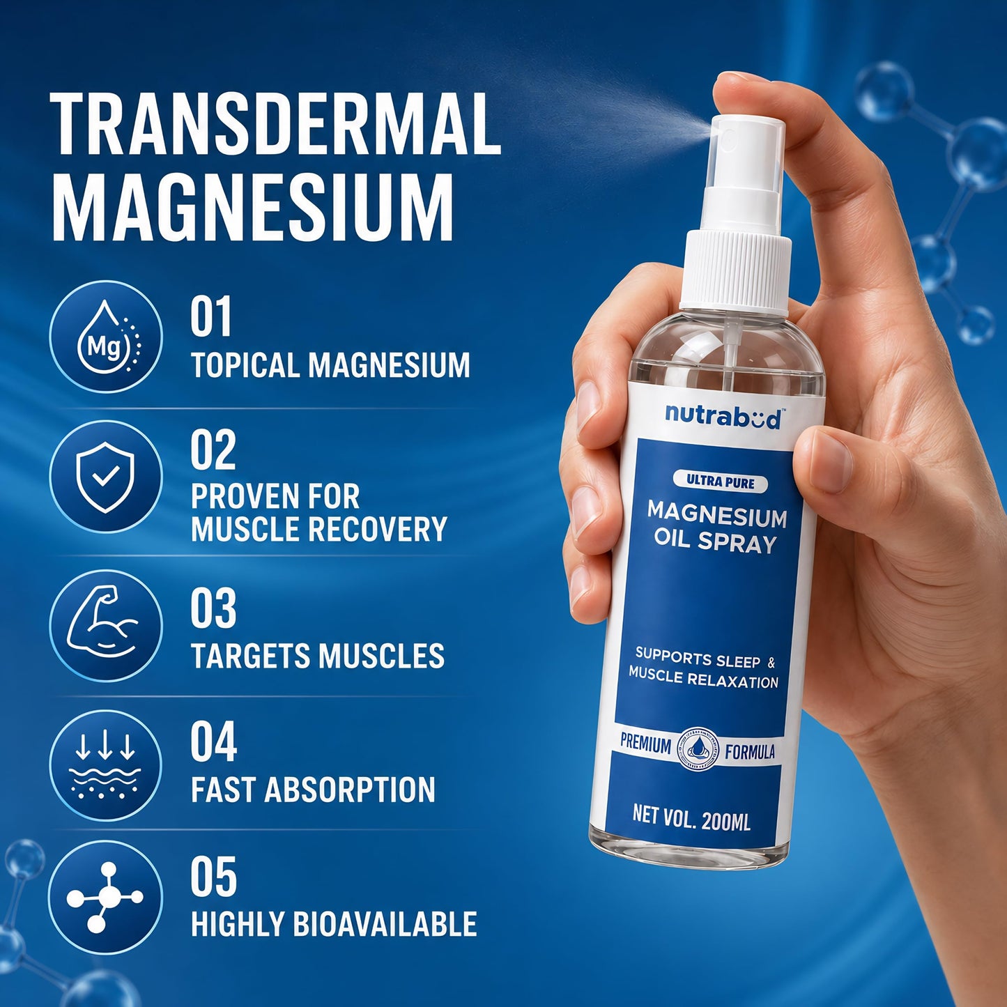 Nutrabud Magnesium Oil Spray - 200ml | Topical Spray Magnesium Oil For Feet, Muscle Relaxation, Deep Sleep Support, Recovery From Cramps (200ml (Pack of 1))