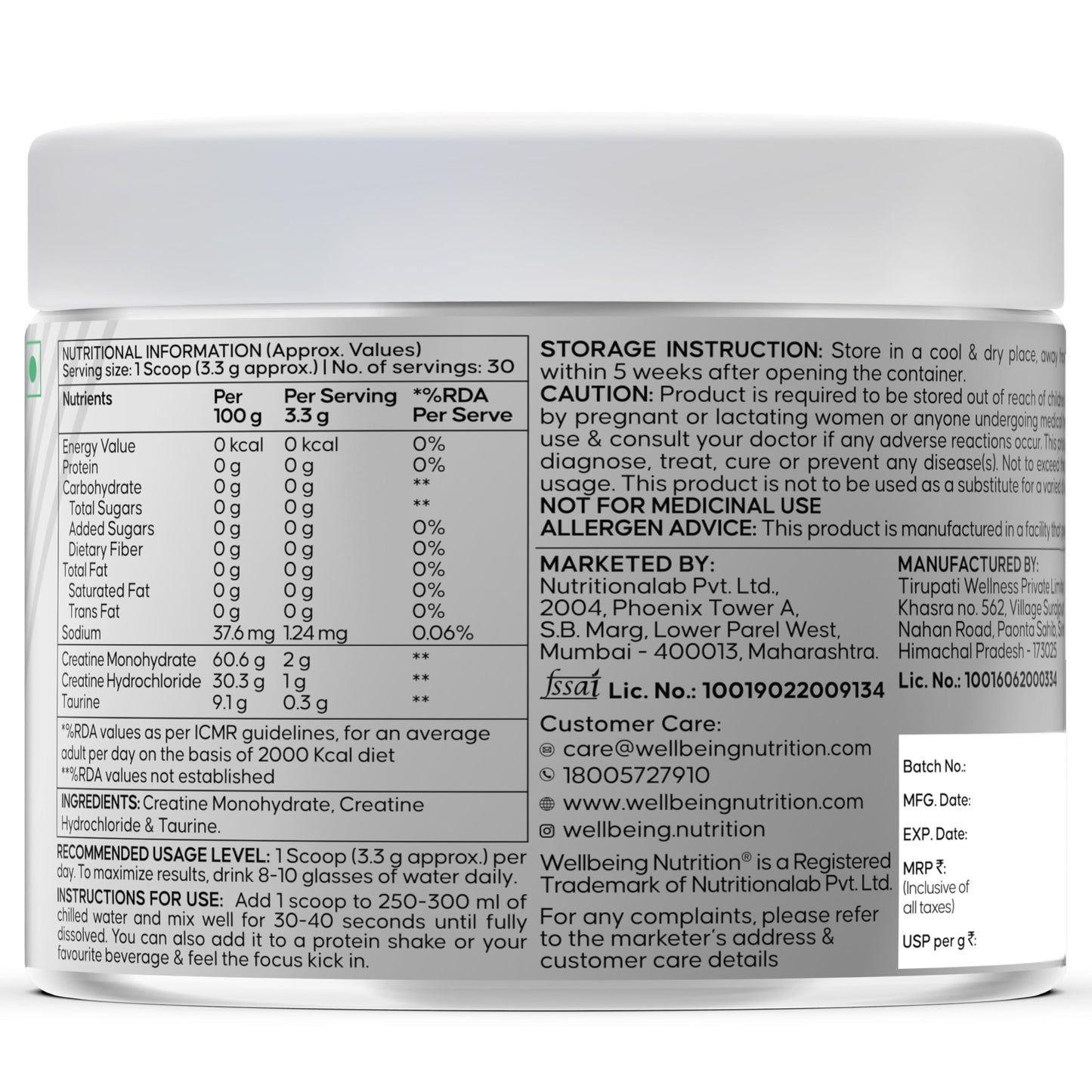 Wellbeing Nutrition 100% Pure Micronised Creatine Powder Monohydrate + HCL | Taurine | For Muscle Strength & Recovery, Muscle Growth & Cognition | Unflavoured,100g, 30 servings For Men & Women