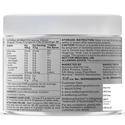 Wellbeing Nutrition 100% Pure Micronised Creatine Powder Monohydrate + HCL | Taurine | For Muscle Strength & Recovery, Muscle Growth & Cognition | Unflavoured,100g, 30 servings For Men & Women