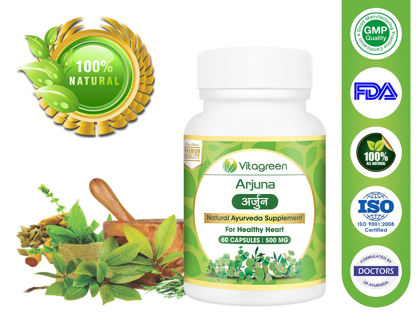 taGreen ARJUNA Capsules for Cholesterol & Healthy Heart, Pure Ayurvedic, Natural, Herbal Supplement, 500 mg , 60 Capsules Pack - Total 180 Capsules (Pack of 3)