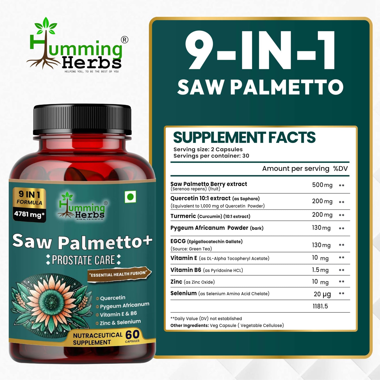 Humming Herbs Saw Palmetto Plus Urinary Support - Enhanced Formula with Quercetin, Turmeric, Pygeum, Vitamins E & B6, Zinc, Selenium for Men's Health - Veg Capsules - Herbal Supplement