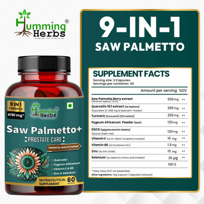 Humming Herbs Saw Palmetto Plus Urinary Support - Enhanced Formula with Quercetin, Turmeric, Pygeum, Vitamins E & B6, Zinc, Selenium for Men's Health - Veg Capsules - Herbal Supplement