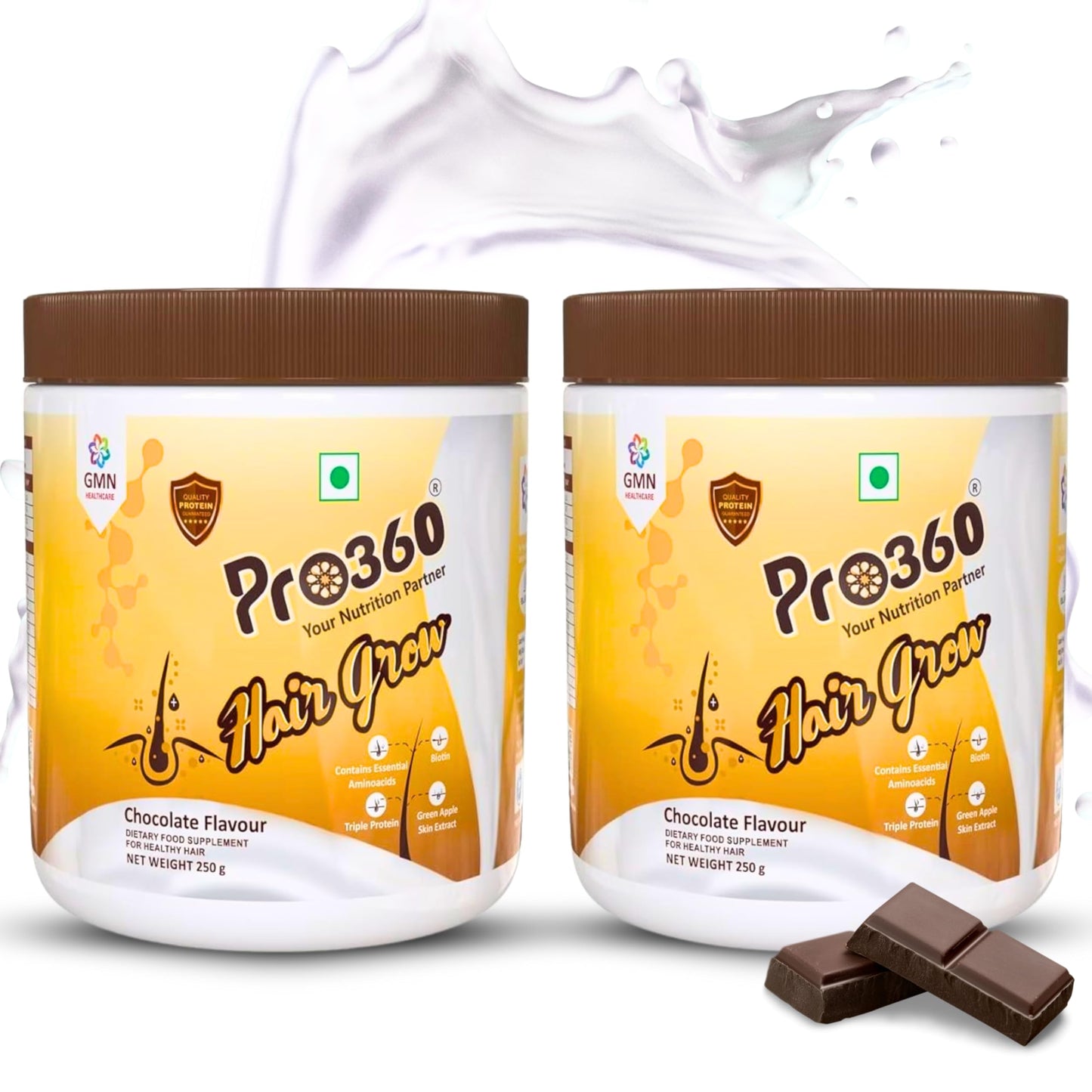 Pro360 Hair Grow Protein Powder for Healthy Hair Growth Nutrition Supplement for Men and Women - Enriched with Biotin and Green Apple Skin Extract - Chocolate Flavor (250+250) g (Pack of 2)