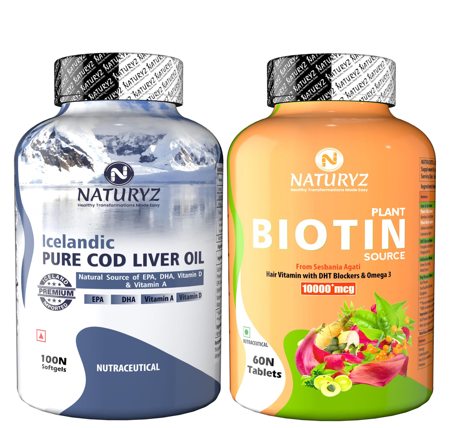 Naturyz Imported Icelandic COD Liver Oil Combo Pack for Immunity Skin Eye Muscle Joint Health & 100% Plant Based Biotin Tablets with High Protein Vitamin DHT Omega 3 for Strong Hairs, Nails Growth