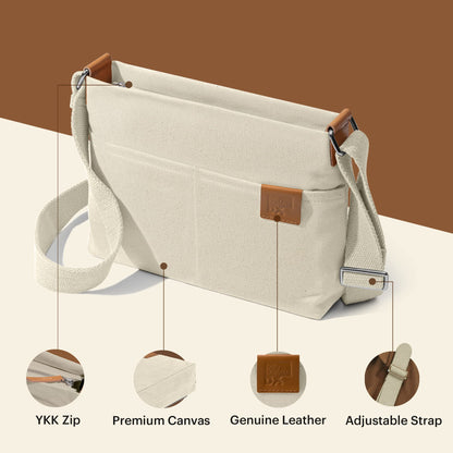 DailyObjects Unisex All Sunday Sling Crossbody Bag | Cotton Canvas Purse With Slip Pockets | Zip Closure | Storage Space For Essentials | Relaxed and Functional Shoulder Handbag | Handcrafted White