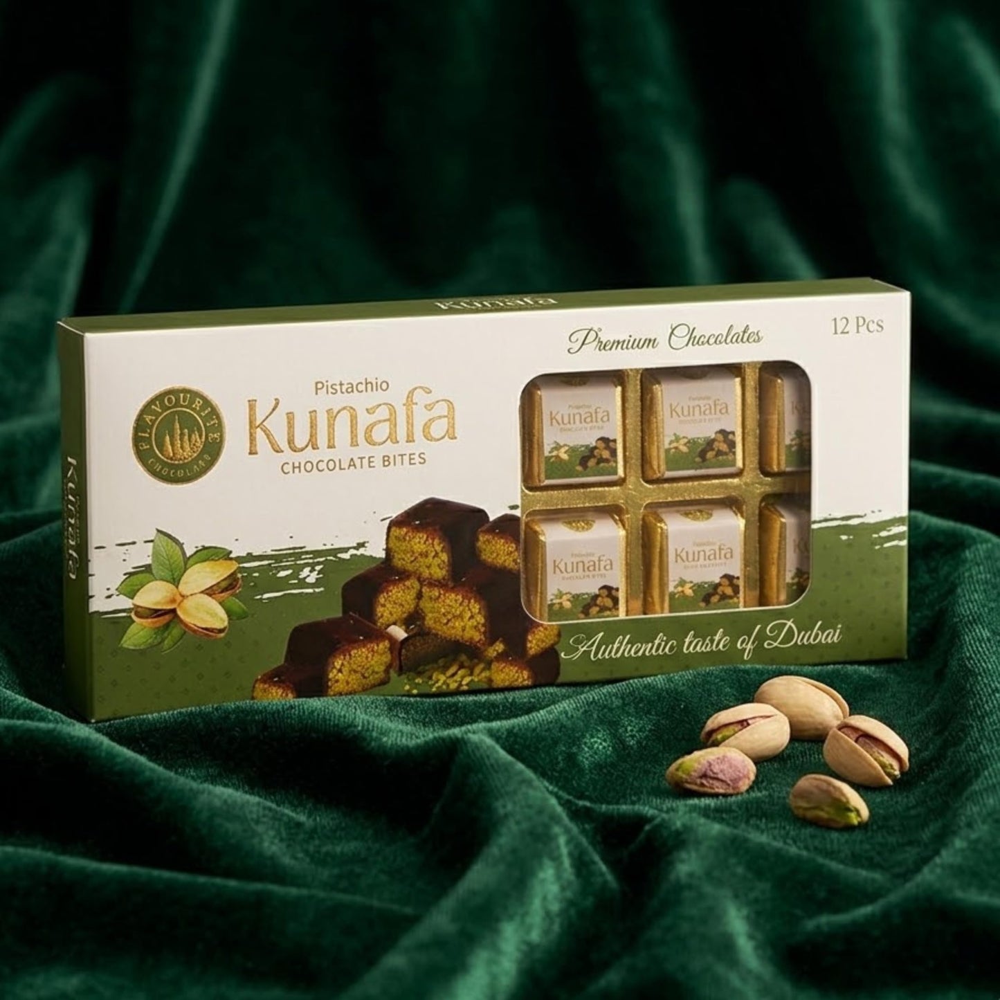 Flavourito Kunafa Chocolate 20g X 12 Pieces Each, Luxurious Dessert Coated, Golden Kunafa (vermicelli) Filled With Rich, Creamy Pistachio Chocolate By DECADENT FOODS