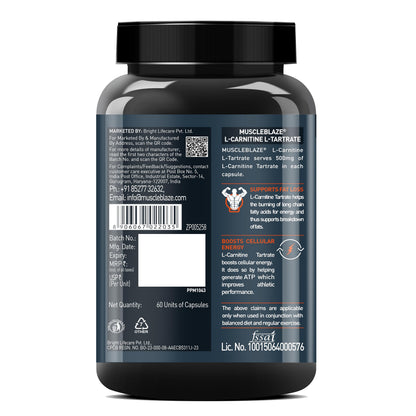 MuscleBlaze L-Carnitine L-Tartrate for Adults, Helps Convert Fat into Energy (Unflavoured, Capsules 60 Count )