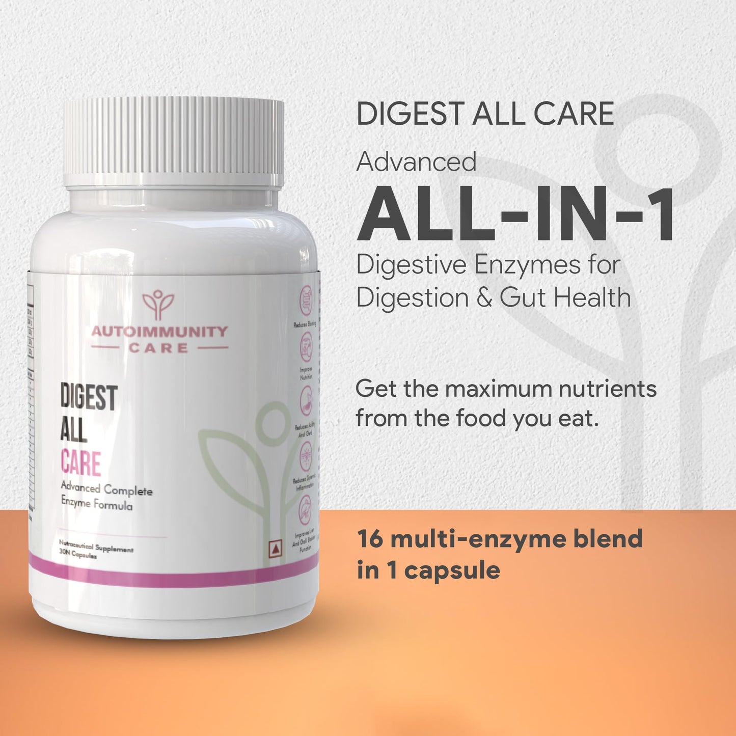 Autoimmunity Care Digest All Care – Complete Digestive Enzymes Supplement for Digestion | All-in-1 Enzymes for Digestion to Reduce Acidity, Bloating, Gas & gut Discomfort | Digestive Enzyme Tablets | 30 Caps (30 dose)
