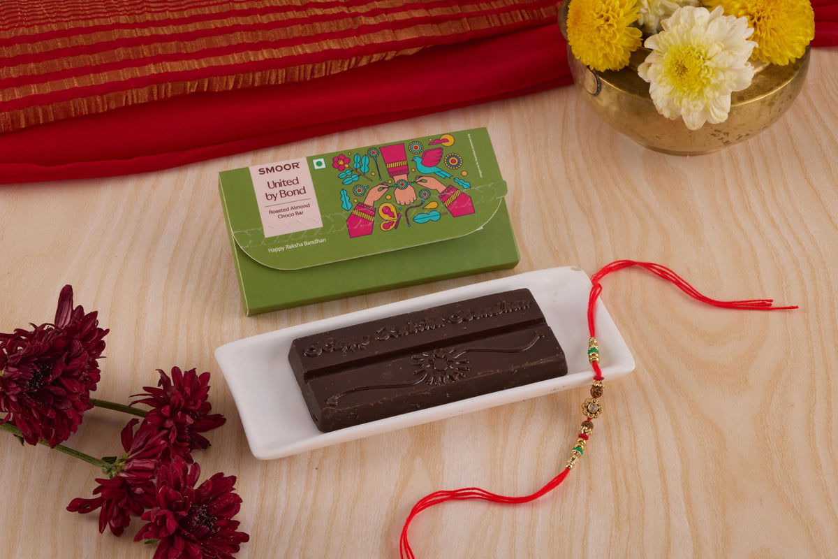 SMOOR Rakhi Choco Bar (Roasted Almond) with Rakhi |Premium Chocolate with Roasted Almonds | Gift Pack for Rakshabandhan| 65gm