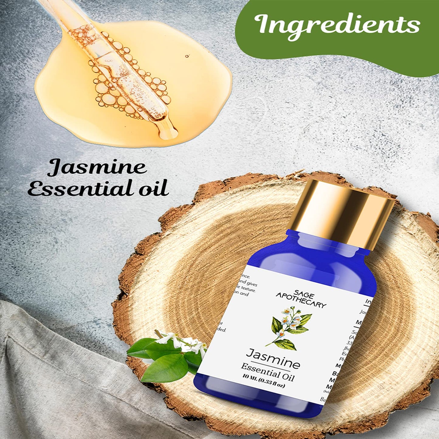 Sage Apothecary Jasmine Essential Oil 100% Pure & Natural for Healthy Skin Care, Face, helps Hair Growth, Diffuser Aromatherapy Fragrance & Massage, Stress Relief -10ml