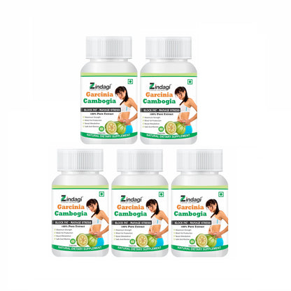 Zindagi Garcinia Cambogia Extract Capsules - 100% Natural Weight Management Supplement - Fat Blocking Product For Unisex (Buy 4 Get 1 Free)