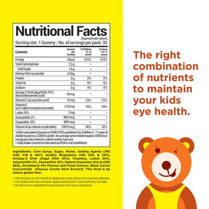 NutriBears Eye Health Vitamins for Kids, Soft Chewable Gummies with Lutein, DHA, and Zeaxanthin for Ocular Support, Daily Supplement, Strawberry Flavour, 90 Gummy Bears, 3-Pack