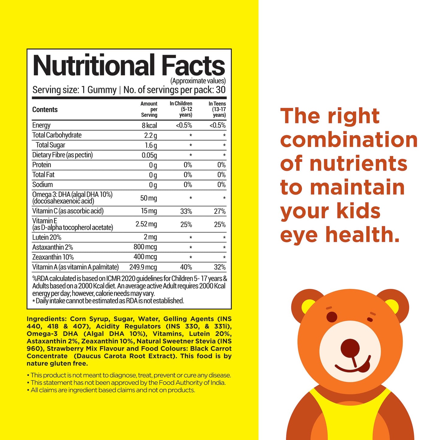 NutriBears Kids Eye Health Gummies | Lutein + Astaxanthin + DHA + Zeaxanthin | Screen Time Eye Care | No Artificial Colours | USFDA-Registered | Vegetarian | Ages 2–12 | Strawberry | 30 Gummies