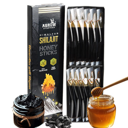 Agrow Ayurveda Himalayan Shilajit Sticks Sips | 100% Pure Shudh Shilajit Infused with Ayurvedic Herbs | Natural Energy, Strength, Stamina & Immunity Booster for Men & Women 12 Sticks