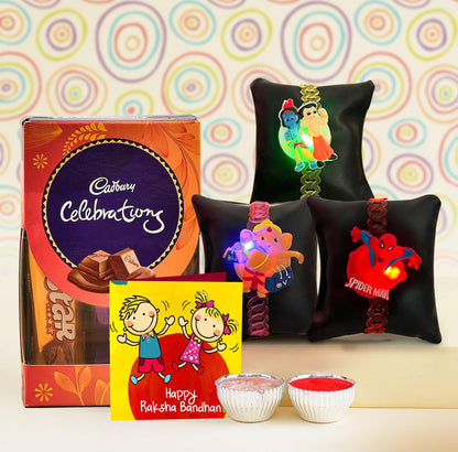 TIED RIBBONS Rakhi for Kids with Chocolates Gift Pack - Set of 3 Premium Kids Lights Rakhi with Cadbury Celebrations Chocolates Gift Pack Roli Chawal Greeting Card, 250 Grams