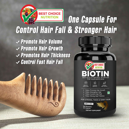 BEST CHOICE NUTRITION Biotin Maximum Strength for Hair Skin & Nails Supplement for Hair Growth, Strong Hair and Glowing Skin for Men and Women, 30 Capsules (PACK OF 1)