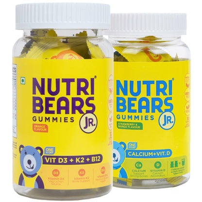 NutriBears Kids Calcium and Vitamin D3 + K2 + B12 Gummies for Kids and Teens, 60 Gummy Chewables, Strawberry and Orange Flavour, Natural Gelatin Free Vegetarian Supplement for Strong Bones and Immunity, Combo Pack of 2