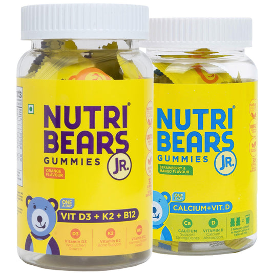 NutriBears Kids Calcium and Vitamin D3 + K2 + B12 Gummies for Kids and Teens, 60 Gummy Chewables, Strawberry and Orange Flavour, Natural Gelatin Free Vegetarian Supplement for Strong Bones and Immunity, Combo Pack of 2