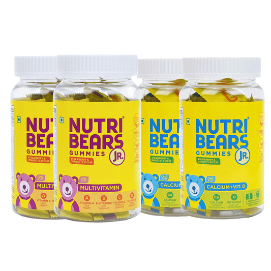 NutriBears Multivitamin and Calcium Gummies for Kids, Combo Pack (120 Gummy Bears, Strawberry, Orange & Mango Flavour) Vitamin C, D, & Zinc for Immunity, Supplement for Strong Teeth and Bones