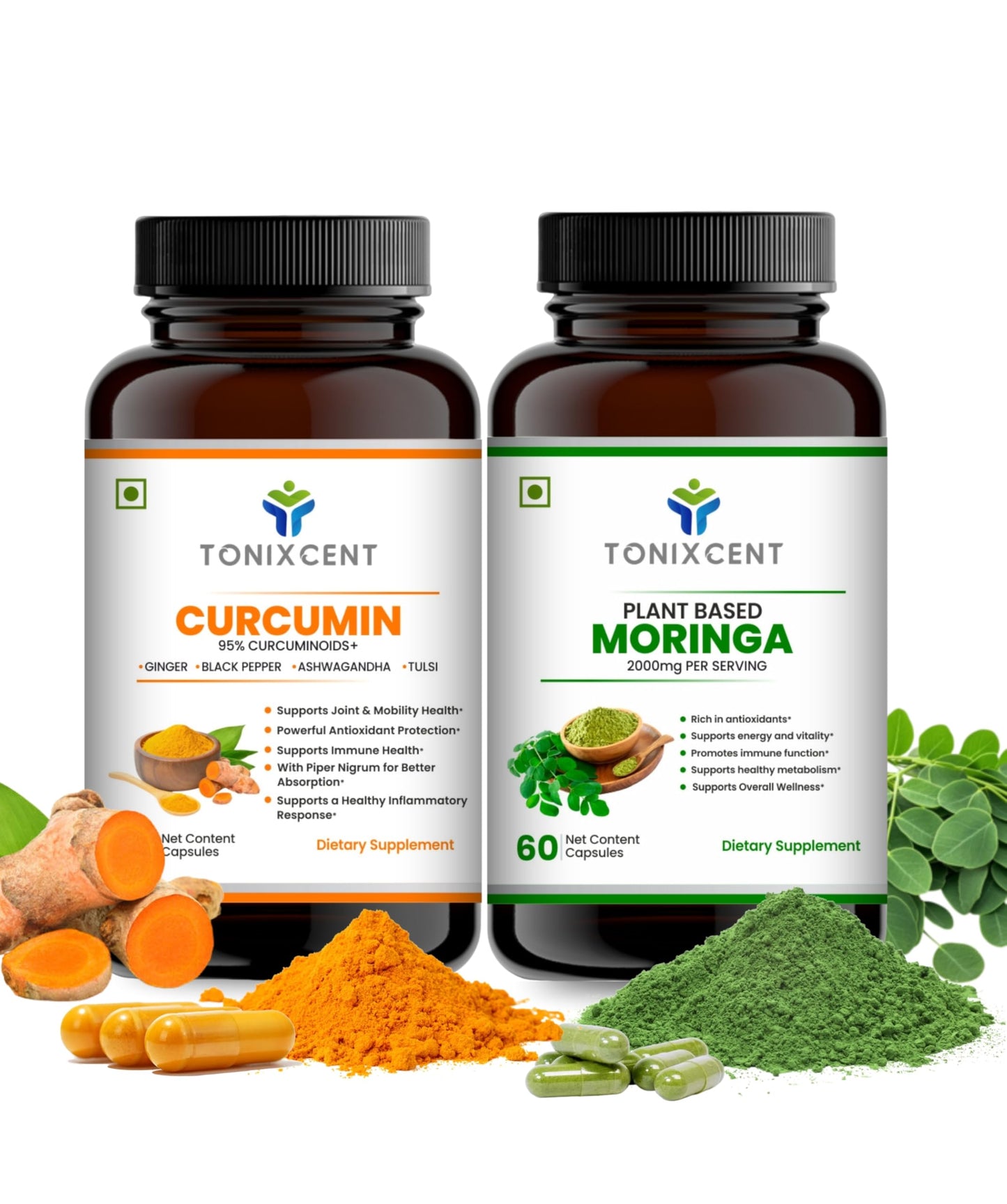TONIXCENT Anti-Inflammatory Nutrition Duo | Curcumin & Moringa Capsules | Reduces Inflammation, Boosts Energy & Immunity | 60+60 Vegan Capsules