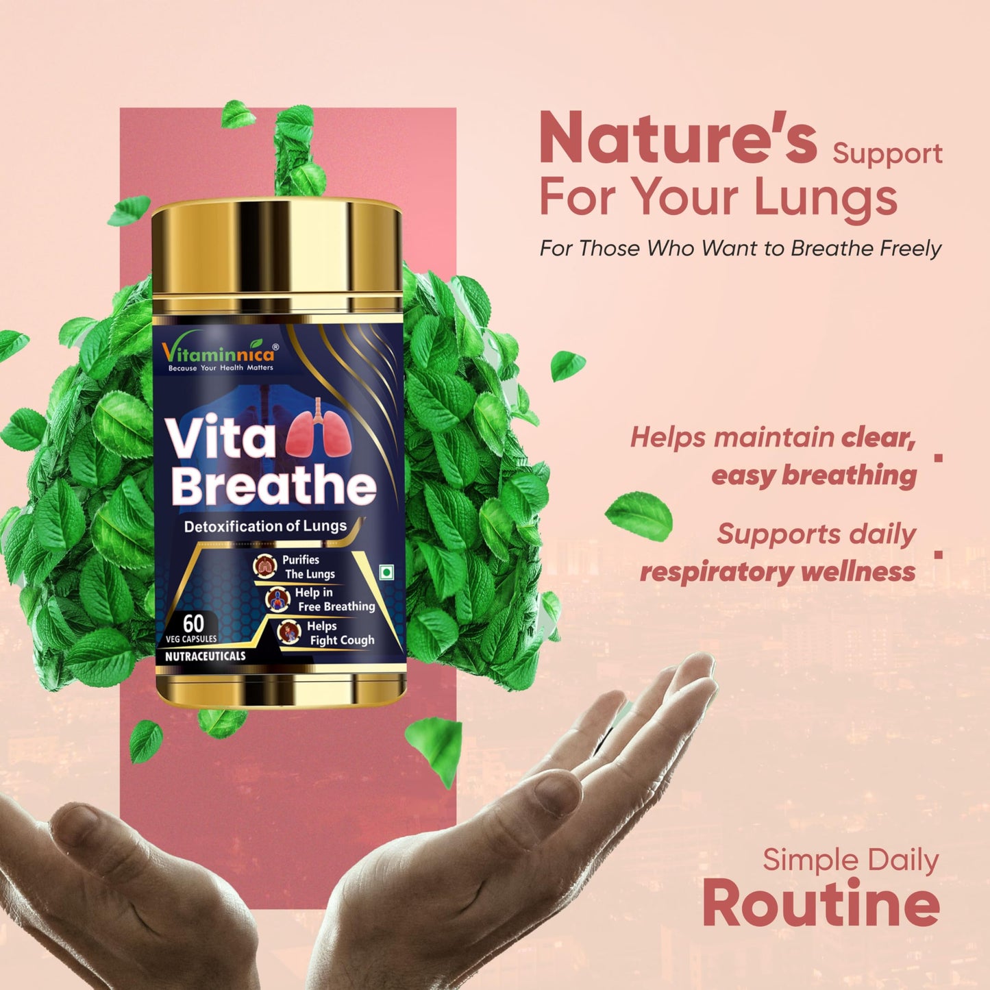 Vitaminnica Vita Breathe- Lungs Support | Cleanse and Detoxify Lungs | Reduces Damage from Smoking, Pollution, Improves Lung Health | 60 Veg Capsules | Better Respiratory Health