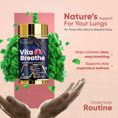 Vitaminnica Vita Breathe- Lungs Support | Cleanse and Detoxify Lungs | Reduces Damage from Smoking, Pollution, Improves Lung Health | 60 Veg Capsules | Better Respiratory Health