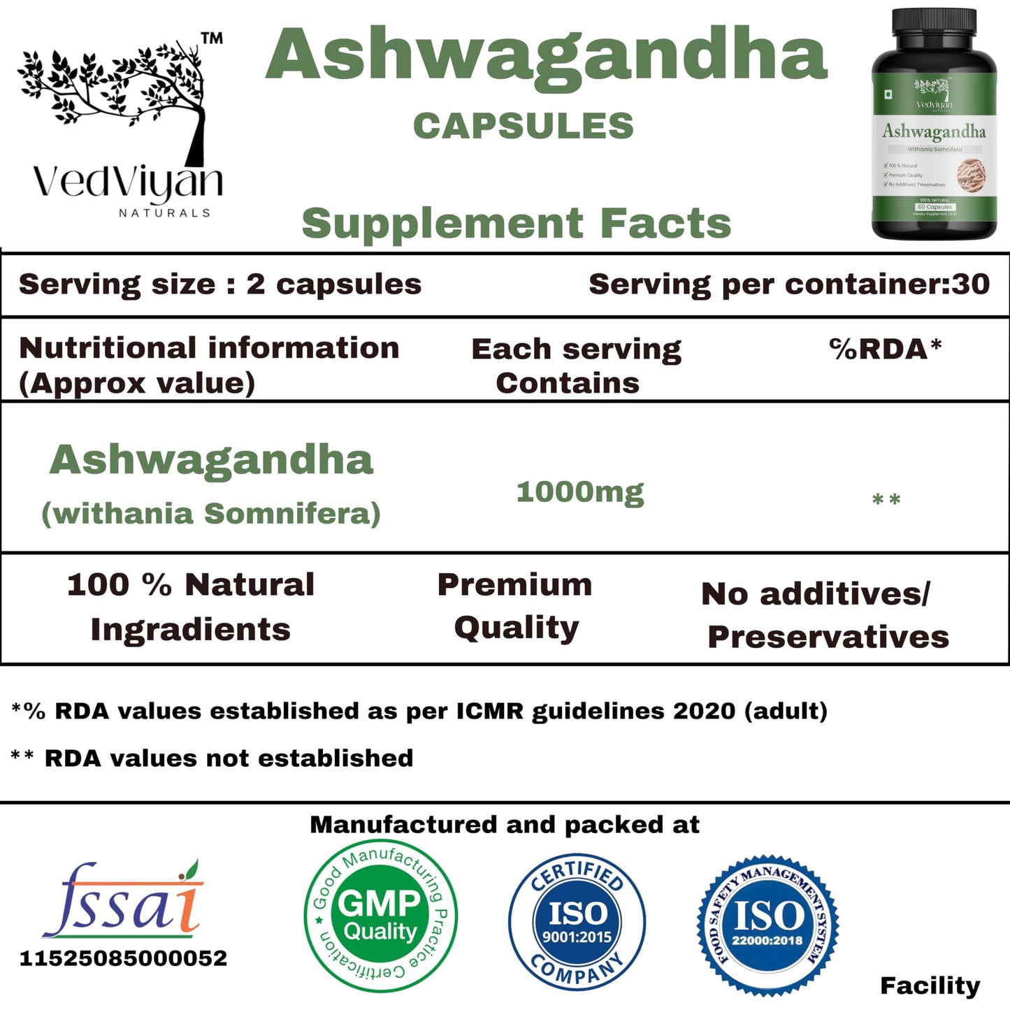 VedViyan Naturals Ashwagandha Capsules 500 mg 60 capsules-Natural stress relief and energy booster-supports immunity,brain health-care 100% vegetarian, premiun quality