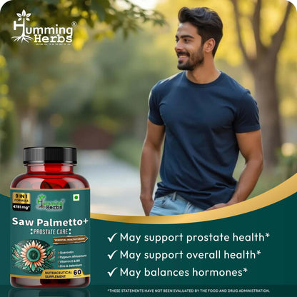 Humming Herbs Saw Palmetto Plus Urinary Support - Enhanced Formula with Quercetin, Turmeric, Pygeum, Vitamins E & B6, Zinc, Selenium for Men's Health - Veg Capsules - Herbal Supplement