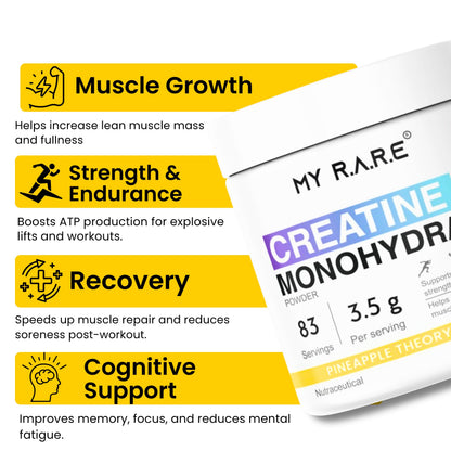 My Rare Creatine Monohydrate (83 Servings, Pineapple Theory Flavour) |Supports Muscle Strength, Build Endurance & Faster Recovery | 3rd Party Lab Tested | Creatine For Athelete's - 291g With Free Shaker