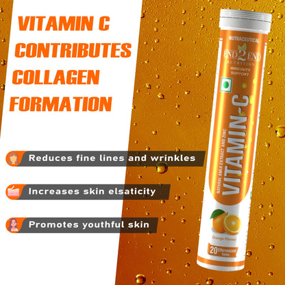 End2End Nutrition Natural Vitamin C - Amla Extract + Zinc for Immunity | Helps to Boost Collagen for Healthy Skin, Hair & Nails | Orange Flavour - (Pack of 3) 60 Effervescent Tablets