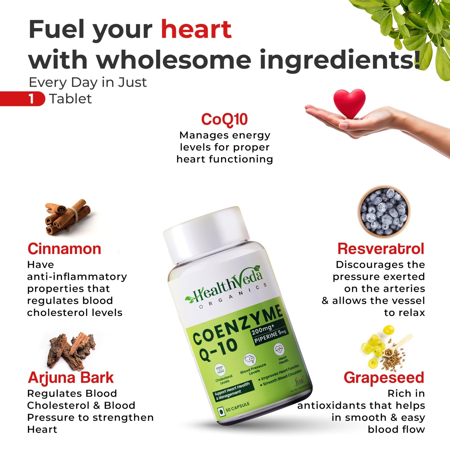 Health Veda Organics Coenzyme Q10 (CoQ10) 200mg with Piperine 95% (Black Pepper Extract) 5mg | Advanced Antioxidant & Heart Health Support with Arjuna, Resveratrol, Garlic, & Plant-Based Nutrients | 60 Vegan Capsules